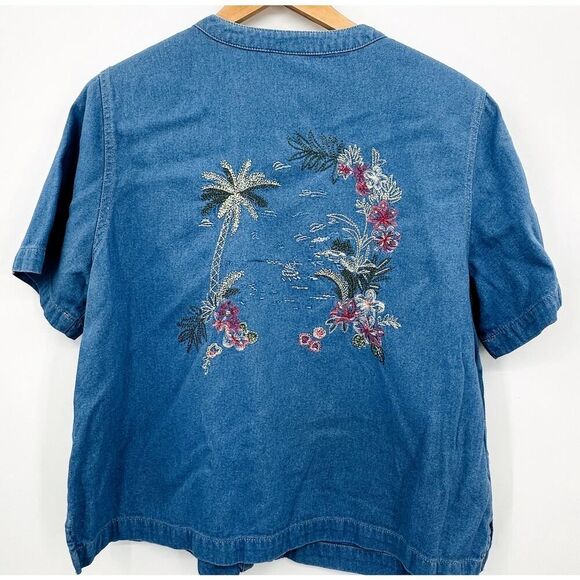 Koret City Blues Palm Tree Blue Chambray Button Top Womens Embroidered Large? - Picture 1 of 7
